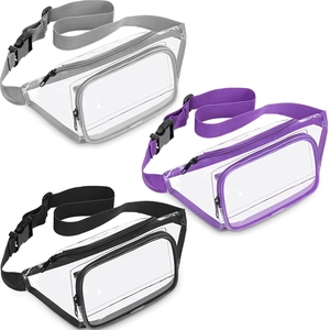 Dettaglio dei marsupi in PVC trasparente con cinghie regolabili in grigio, viola e nero
