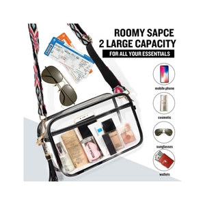 Clear PVC crossbody bag detail showing large capacity for cosmetics and phone