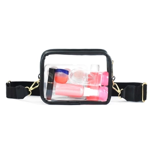 Transparent PVC crossbody bag with black trim and adjustable shoulder strap for concert use