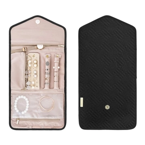 Foldable jewelry travel organizer bag with ring rolls, earring panel and watch pouch