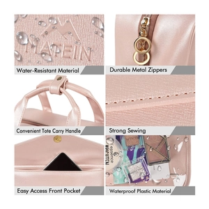 Pink PU leather travel cosmetic bag with double zippers and waterproof compartments
