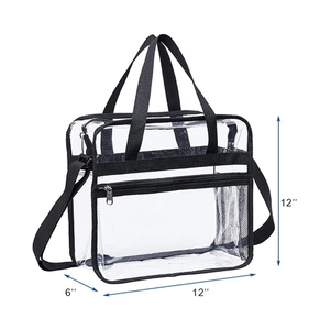Large transparent PVC tote bag with black handles and shoulder strap, 12x12x6 inches