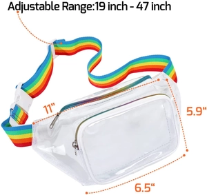 Dettaglio del marsupio in PVC trasparente con cinturino in tessuto arcobaleno