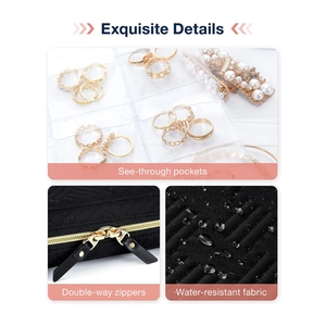 Detail of waterproof quilted jewelry travel case with clear pockets and dual metal zippers