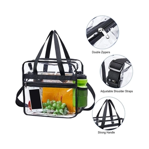 Clear PVC travel tote bag with black straps and side mesh pocket for organization