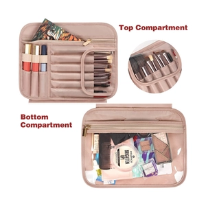 Dual-layer travel cosmetic bag in pink with brush slots and transparent compartment