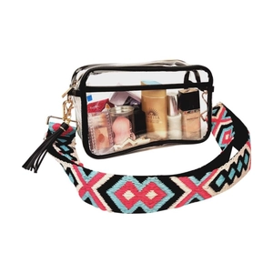Women Transparent PVC Crossbody Bag Bohemian Geometric Embroidered Wide Strap Stadium Approved Waterproof Travel Shoulder Bag