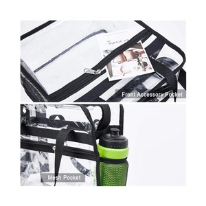 Transparent PVC tote bag with black nylon trim and functional mesh side pocket