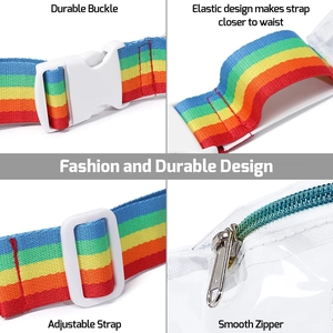 Dettaglio del cinturino arcobaleno con fibbia in plastica e cerniera in metallo sulla borsa in PVC