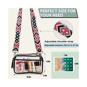 Clear PVC crossbody bag with stylish patterned strap and large capacity for travel storage