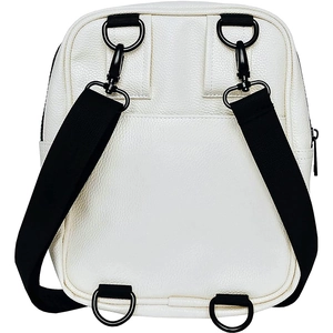 Versatile white pebbled leather crossbody bag with adjustable black straps and metal D-rings