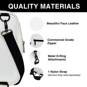 White faux leather crossbody bag with nylon strap and commercial grade zipper details