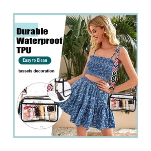 Detailed close-up of a clear PVC crossbody bag with a colorful woven strap and tassel