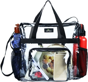 Détail du sac cabas transparent en PVC avec poches latérales en maille et sangles en nylon