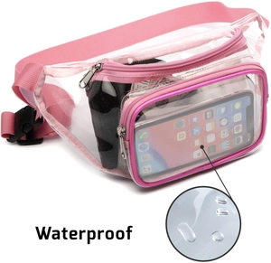 Dettaglio del marsupio rosa in PVC trasparente con doppie cerniere e materiale impermeabile