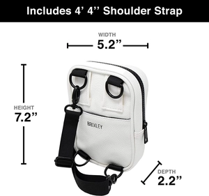 White pebbled leather crossbody bag with dimensions 7.2 x 5.2 x 2.2 inches and adjustable strap