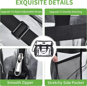 Grand sac à dos en PVC transparent avec sangles en nylon noir et poche latérale en filet