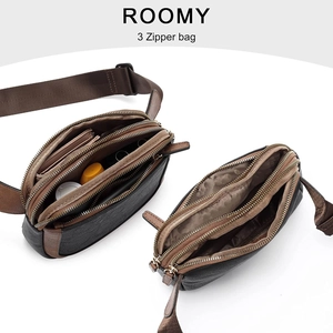 Bruine kunstleren crossbody heuptas met drie ritsvakken en verstelbare schouderriem
