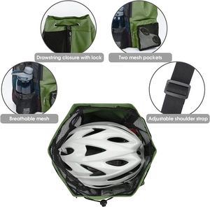 Detail view of green mesh drawstring bag showing helmet storage and side pockets