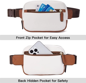 Détail du sac banane en cuir PU montrant les poches zippées et la sangle réglable