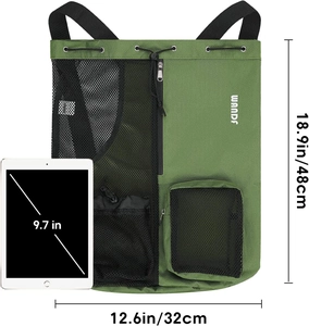 Army green mesh drawstring bag size comparison featuring tablet dimensions and waterproof fabric