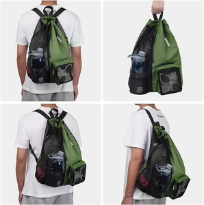 Mesh drawstring sports backpack with separate shoe compartment and side bottle pocket