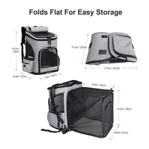 Expandable and foldable gray pet backpack carrier with breathable mesh and clear dimensions