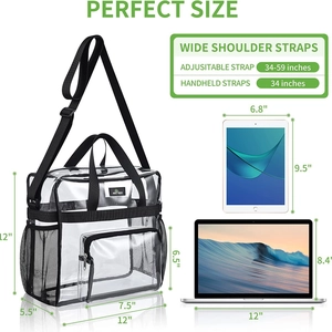 Sac de voyage transparent en PVC avec sangles noires et poches filet, 12x5,5x12 pouces