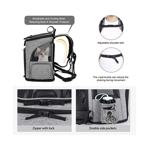Grey pet backpack for cats with breathable mesh and ergonomic shoulder straps