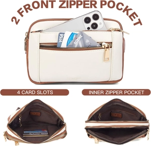 Detail view of white PU leather crossbody bag showing internal card slots and zipper pockets