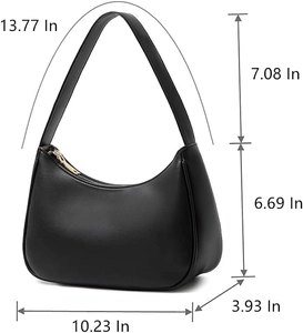 Detailed view of black hobo bag with gold zipper and textured synthetic leather material