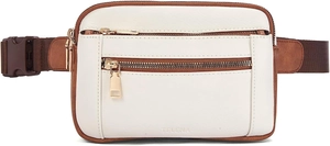 Detailed front view of multi-compartment PU leather belt bag with golden zippers