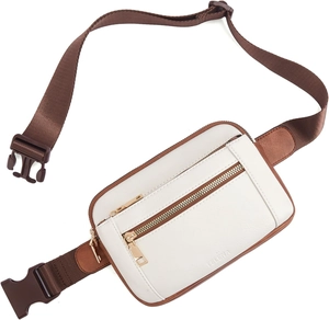 Close-up of white pebble leather waist bag with brown nylon strap and gold zipper detail