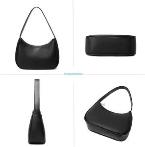 Comprehensive views of black PU leather hobo bag with gold zipper and saddle shape