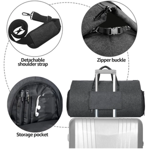 Large gray travel garment bag for suits with luggage strap and detachable shoulder strap