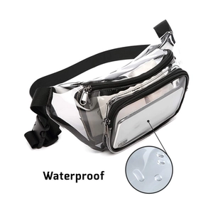 Marsupio impermeabile in PVC trasparente con cinturino nero e doppi scomparti con zip
