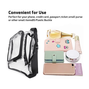 Marsupio in PVC trasparente con tracolla nera regolabile e accessori su sfondo bianco