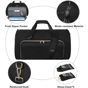 Water-resistant black convertible travel garment bag with golden hardware and shoe bags