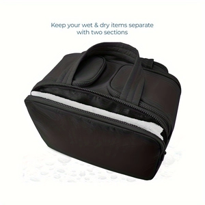 Detail view of the wet and dry compartments in this waterproof travel toiletry bag