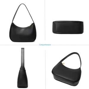 Black vegan leather crescent hobo bag for women with gold zipper in four different views