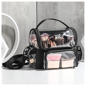 Portable double layer clear PVC makeup bag with black nylon trim and adjustable strap