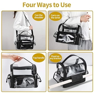Detail showing 4 versatile ways to carry the clear PVC makeup bag with adjustable straps