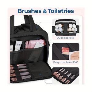 Waterproof travel toiletry bag with brush slots and easy-clean PVC interior lining