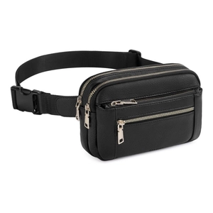 Black PU leather crossbody waist bag with adjustable strap and multi-zippered pockets