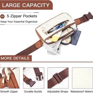 Waterproof PU leather crossbody fanny pack with 5 pockets and adjustable strap in beige