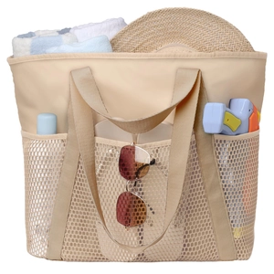Large beige waterproof sandproof beach tote bag for travel and swimming storage