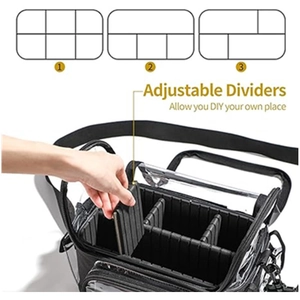 Detailed view of transparent PVC makeup case with adjustable dividers and black nylon trim