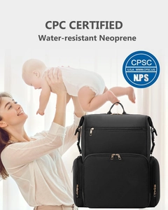Detail of water-resistant black neoprene diaper bag with CPC certification markings