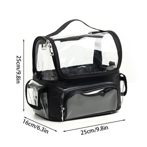Portable double-layer transparent PVC makeup organizer bag with handle and dimensions