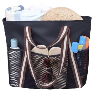 Large waterproof sandproof navy blue mesh beach tote bag with striped straps